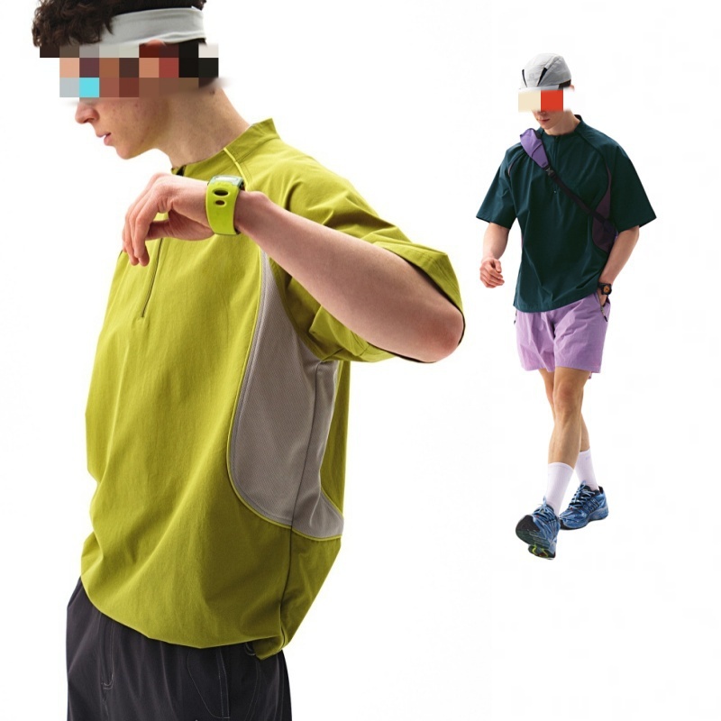 户外骑行跑步吸湿排汗男女时尚拼色半拉链短袖T恤衫C1508