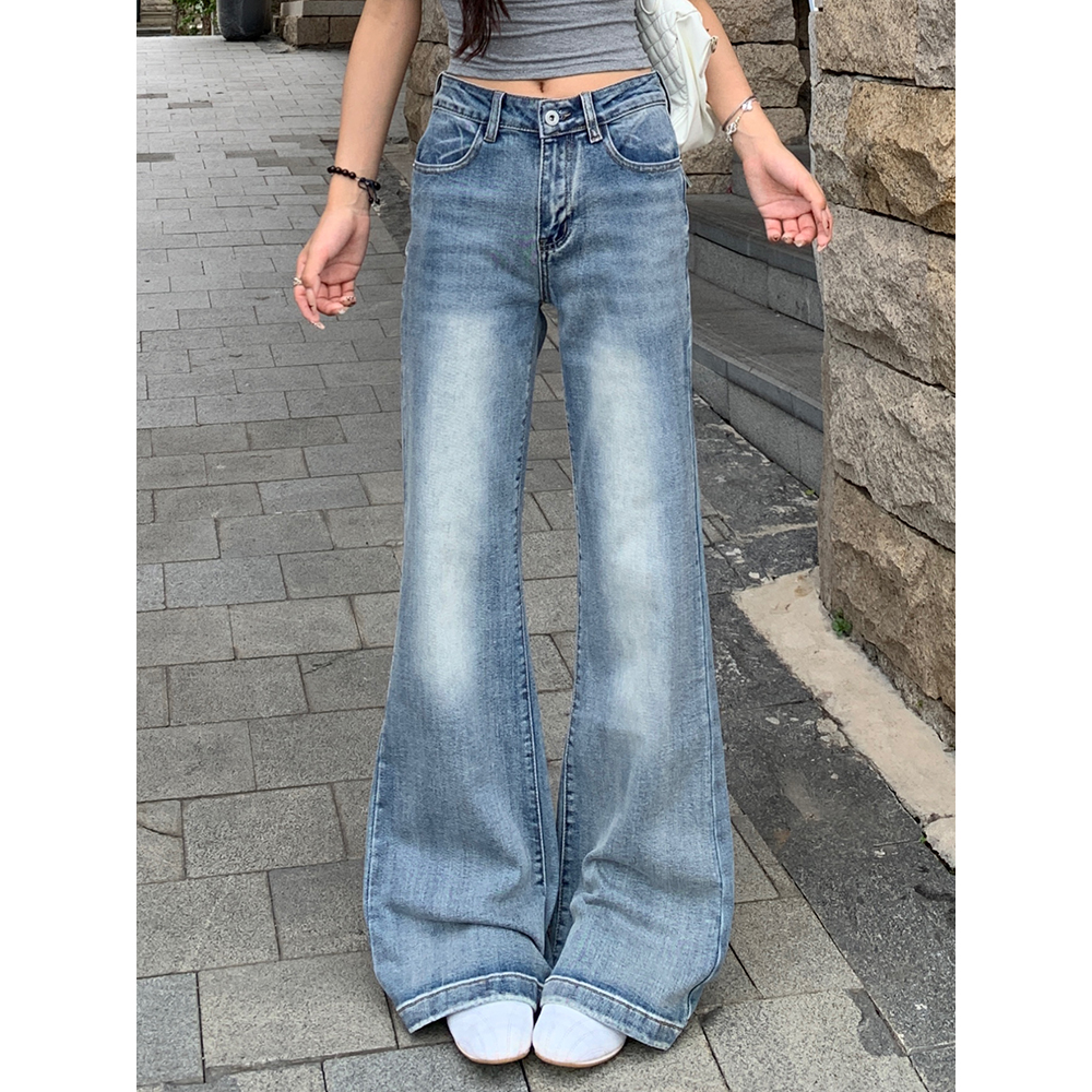 美式复古水洗微喇牛仔裤女秋季设计感不贴腿修身显瘦拖地喇叭裤子