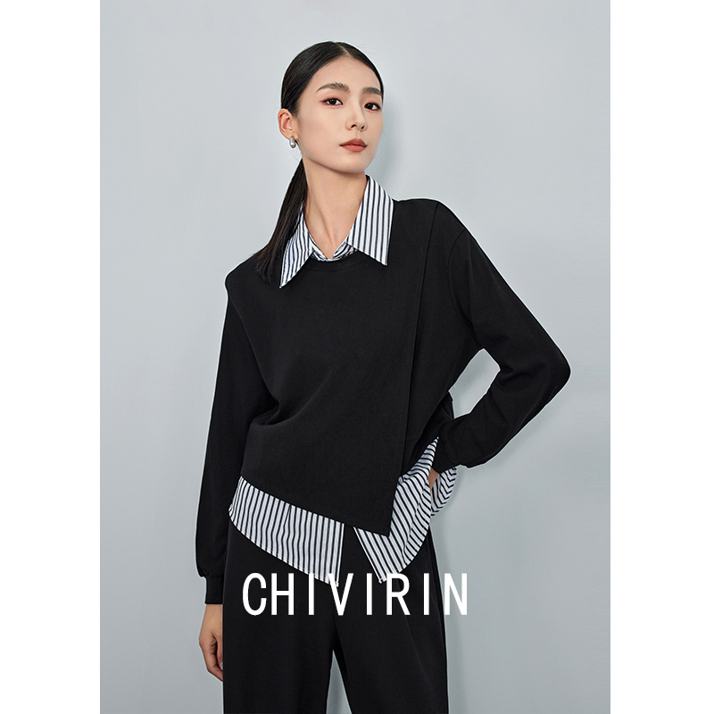 CHIVIRIN/千韵老钱时髦 女冬季加厚假两件叠穿宽松衬衫领卫衣0274