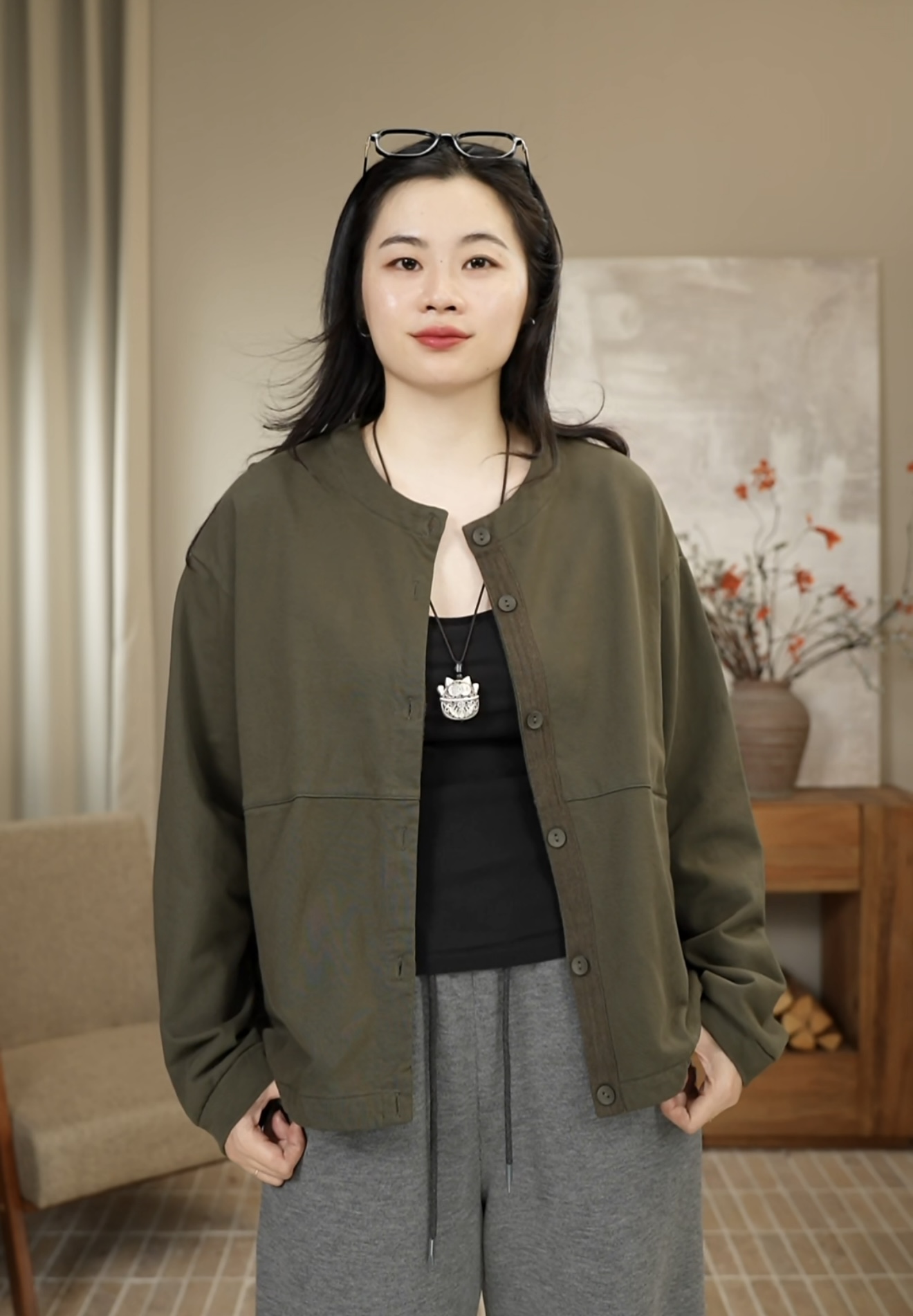 九月JIUYUE新款百搭圆领简约宽松大码港风排扣卫衣开衫外套 7476