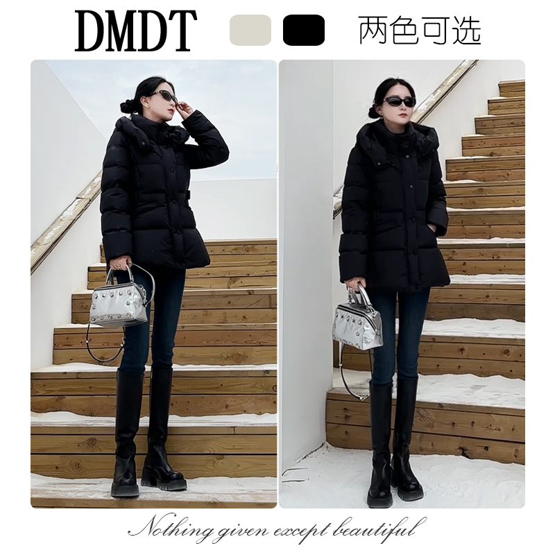 【DMDT服饰】2025冬季新品“暖绒记”连帽收腰白鸭绒显瘦女羽绒服D007