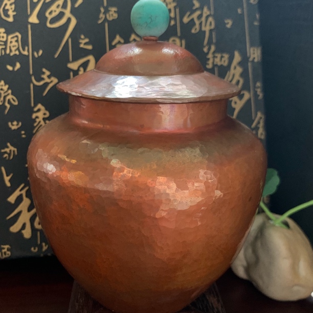 纯手工纯铜大号茶叶罐烤色绿钮复古茶道密封储物