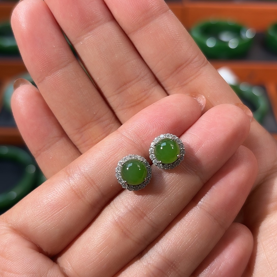 和田玉（碧玉）银S925镶嵌耳饰