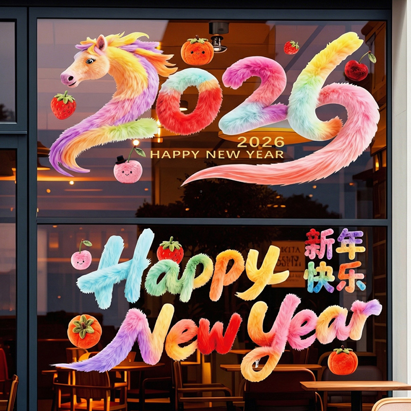 马年新款新年窗花贴5D可爱小马静电贴玻璃装饰贴橱窗贴过年布置