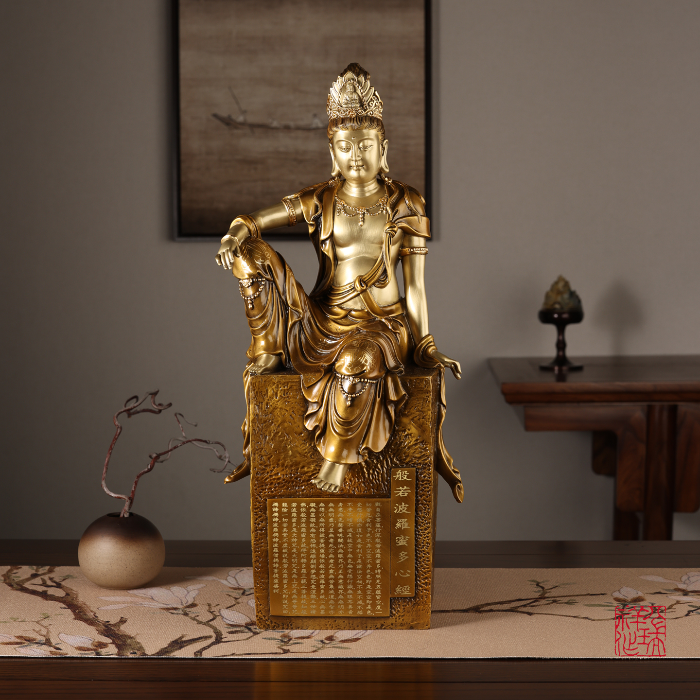 八瑞祥心经自在观音铜像客厅玄关摆设办公室装饰工艺品人摆件