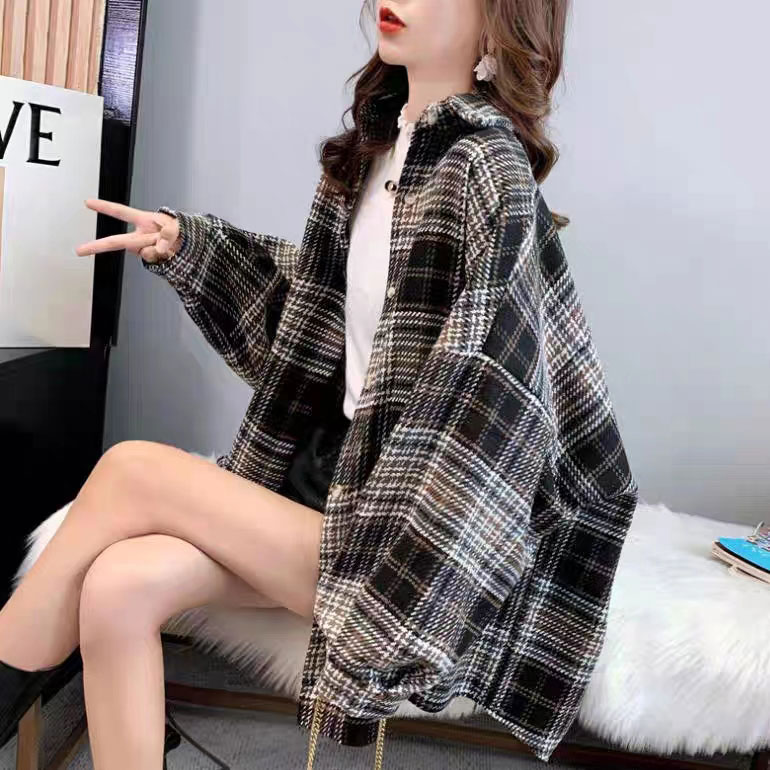 百搭磨毛格子衬衫外套女春秋季2025新款毛呢衬衣宽松开衫长袖上衣