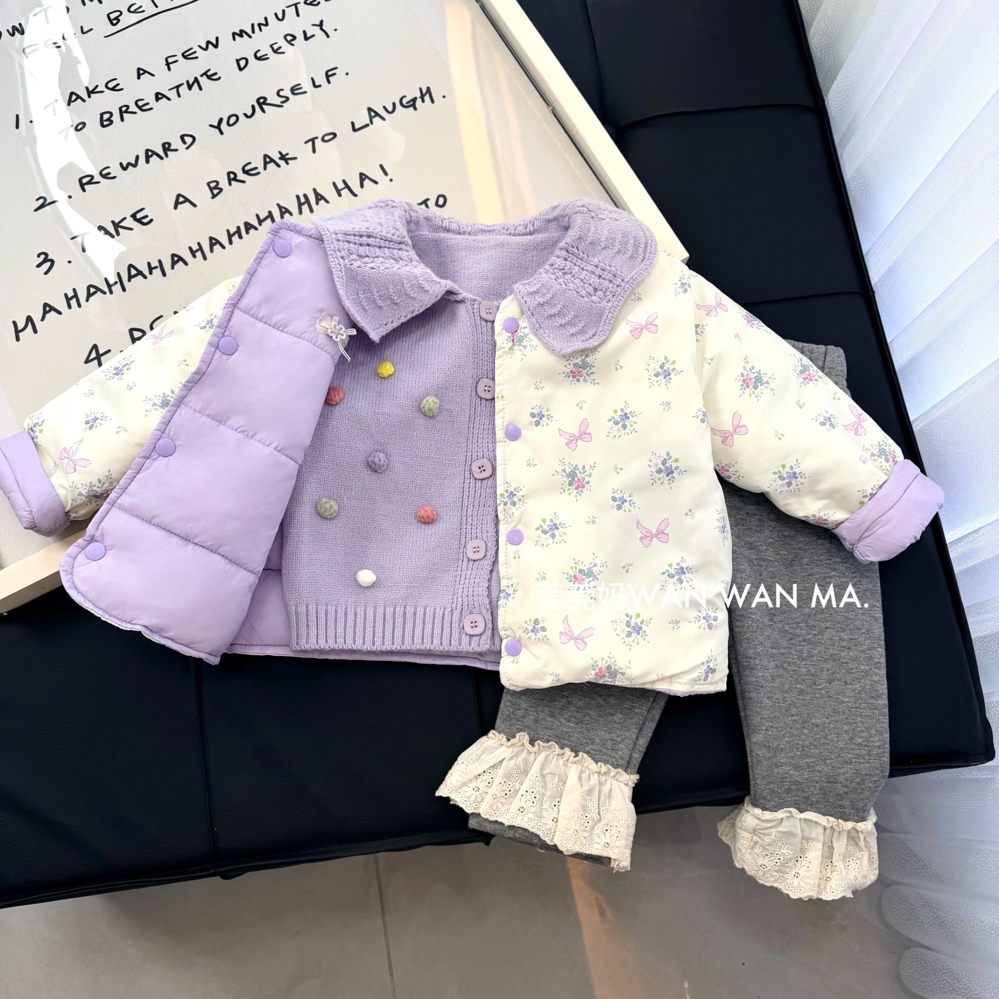 【三件套】双面穿韩版碎花常规款圆领厚款棉服保暖冬款秋冬女宝套装