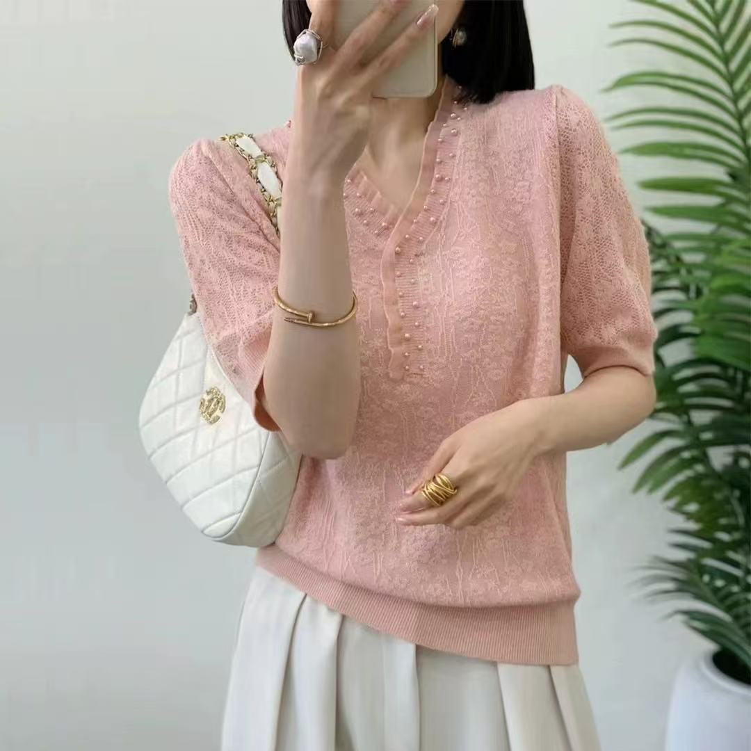 短袖t恤女夏季2025新款洋气时尚v领针织体恤蕾丝网纱钉珠上衣