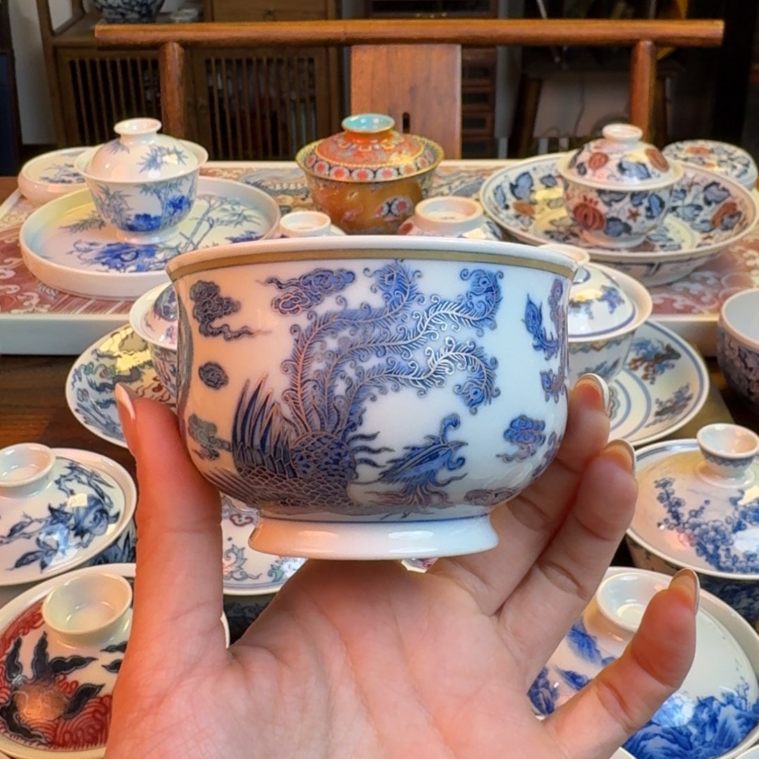 杯重工描金银点工五凤炉式杯纯手绘