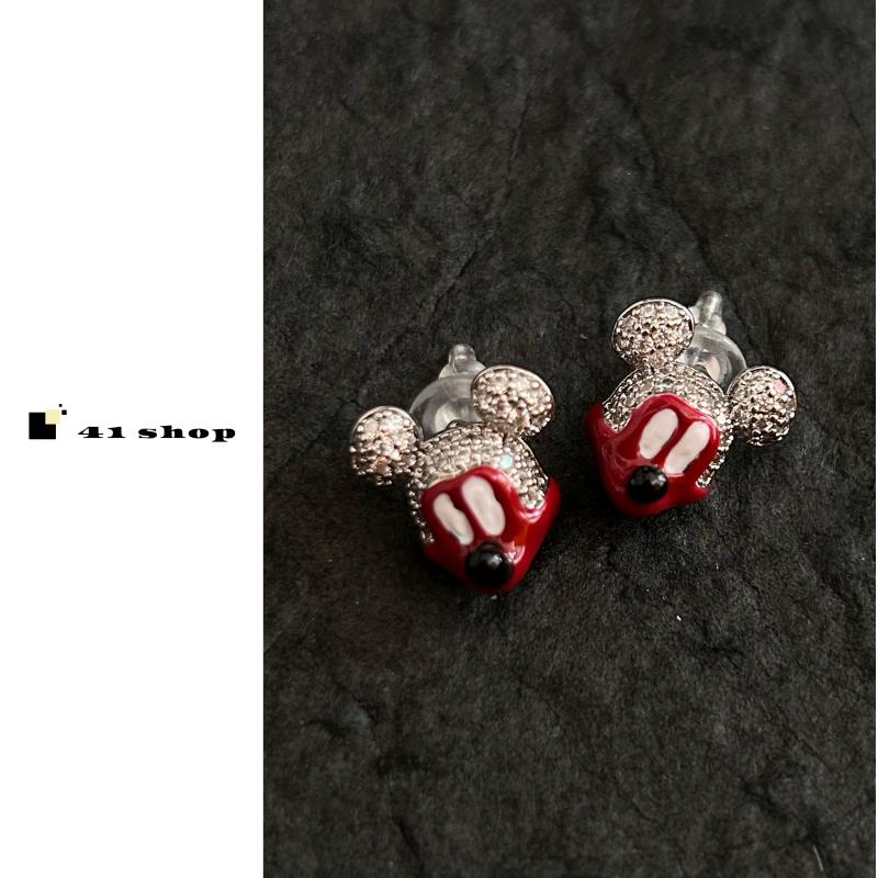 铜合金合成锆石耳饰 A088 满锆红色滴釉米奇耳钉时尚精致百搭耳饰