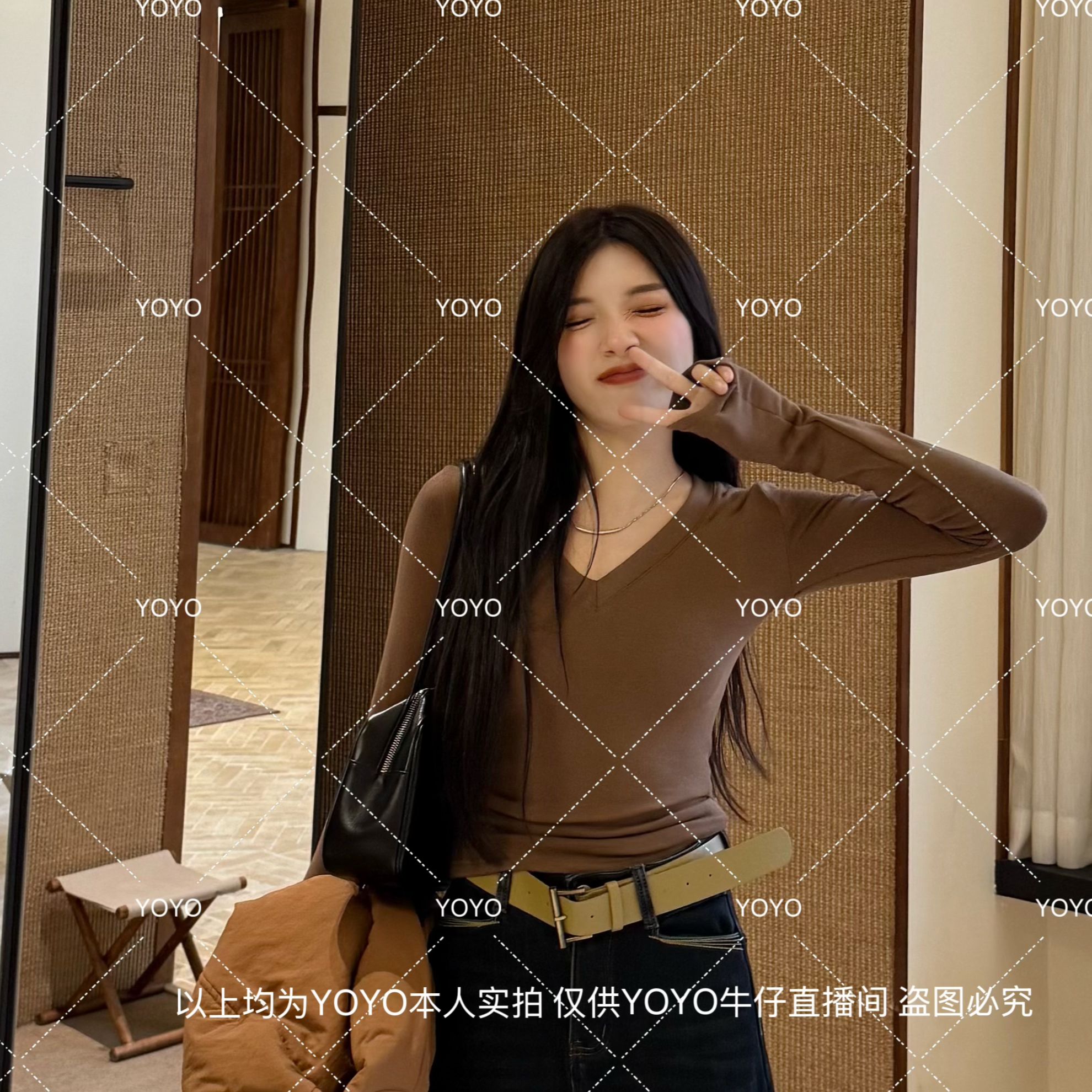 YOYO自制1【温柔V领】磨毛冬款显瘦气质辣妹修身百搭长袖上衣