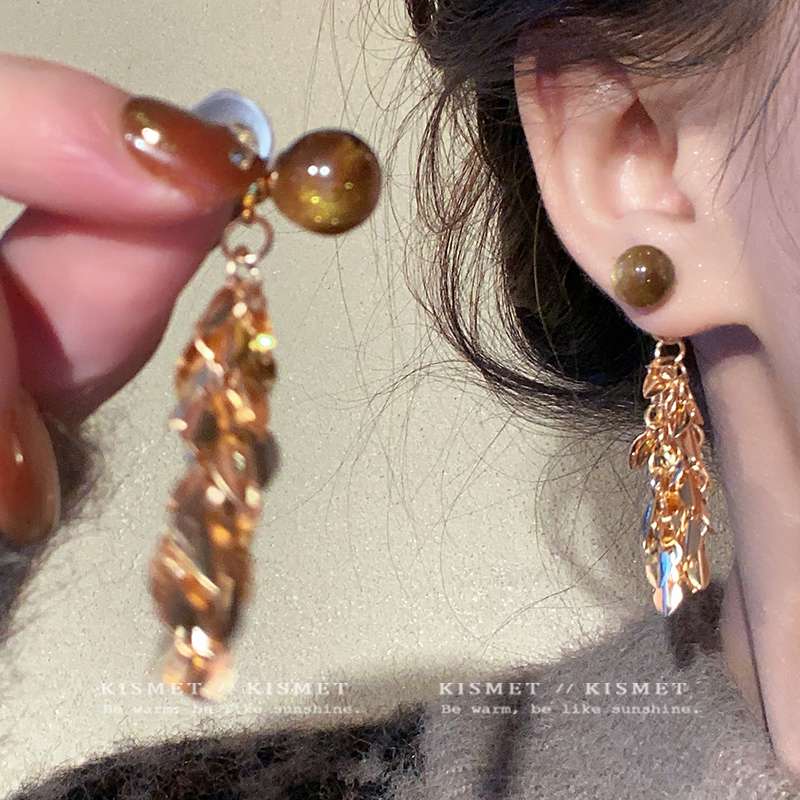 合金耳饰 金羽满堂美拉德虎眼石麦穗流苏耳钉秋冬气质轻奢百搭