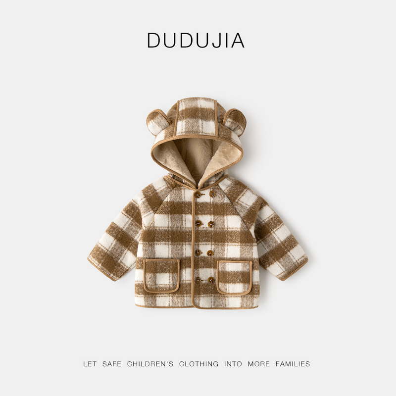 【现货】嘟嘟家儿童宝宝婴幼儿秋冬卡通连帽格子毛呢大衣D4DWT030