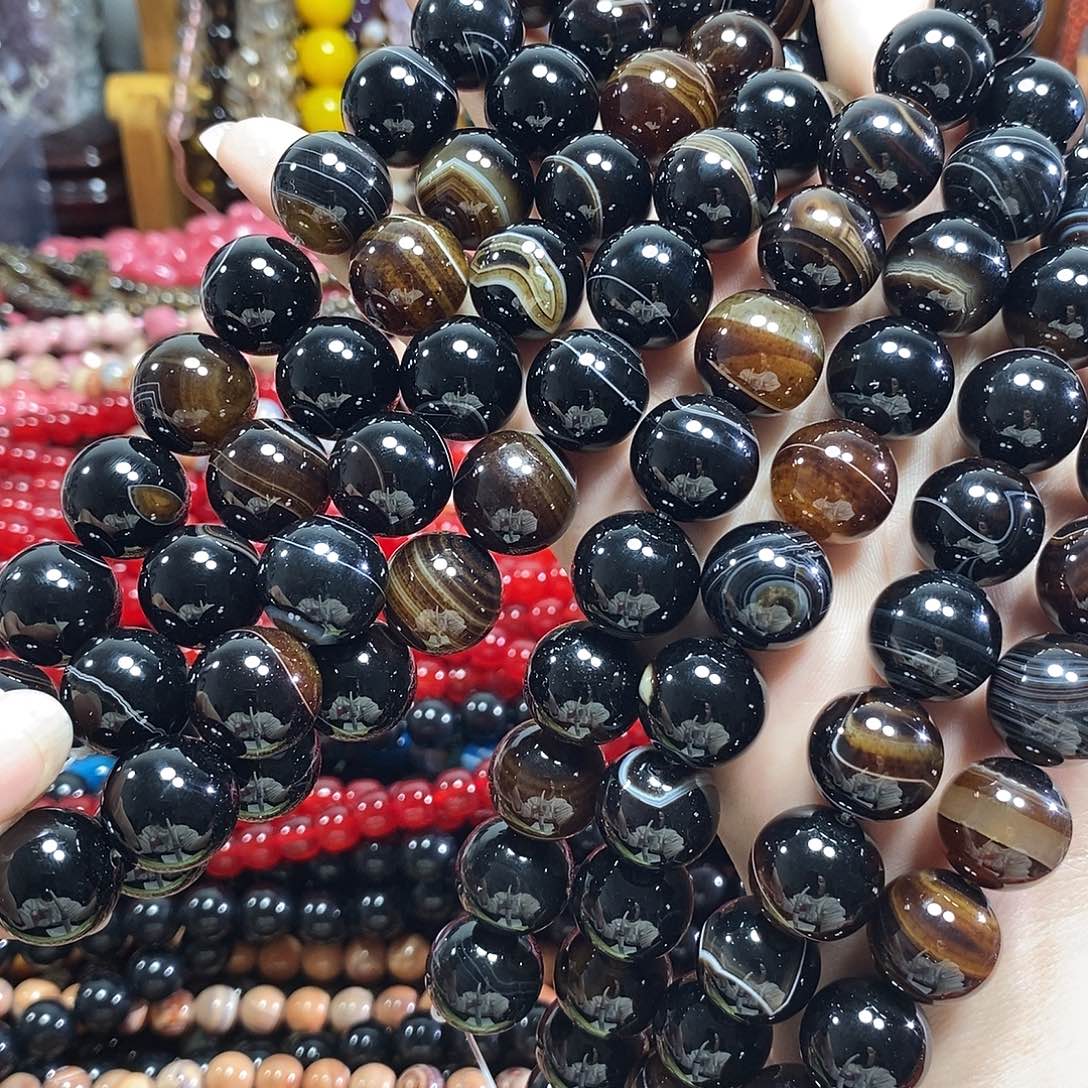 玛瑙/玉髓未镶嵌珠宝半成品深咖线条玛瑙一条卡16mm