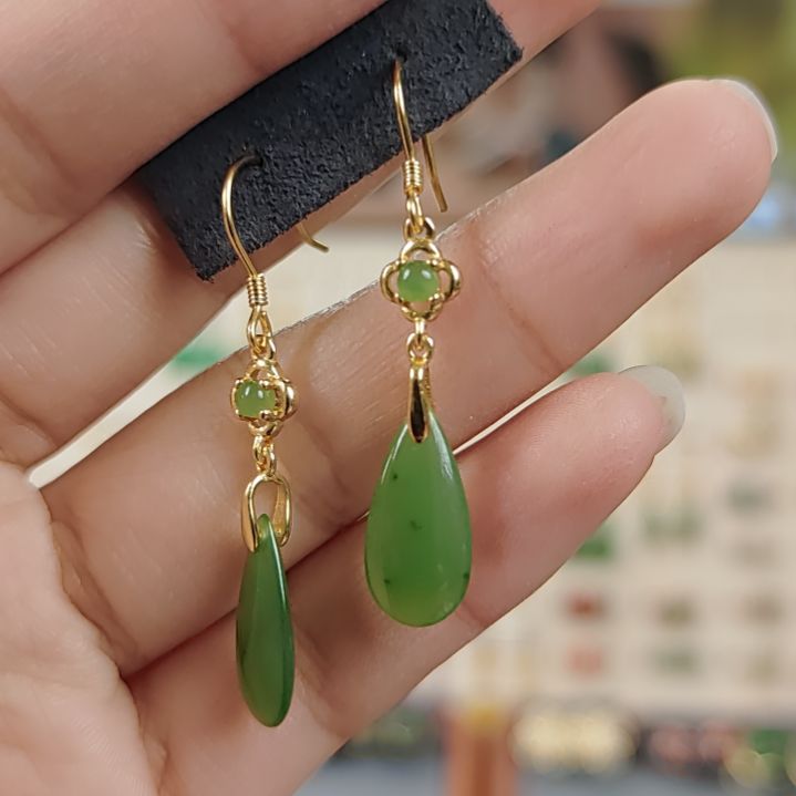 和田玉耳饰银S925镀金镶嵌微*耳饰