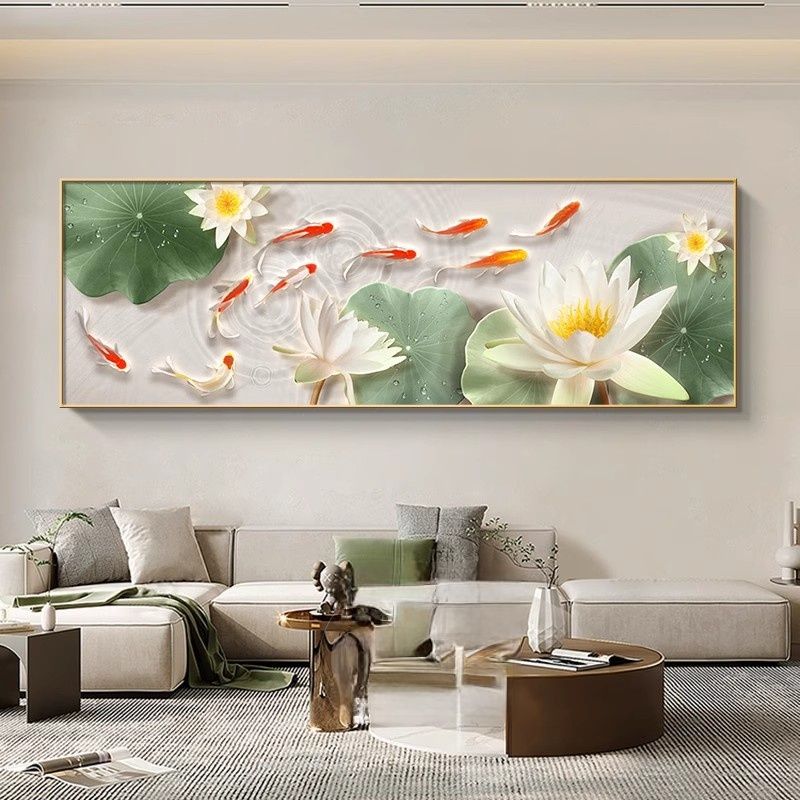 2025九鱼荷花招财轻奢中式客厅装饰画聚财沙发背景墙壁画卧室挂画