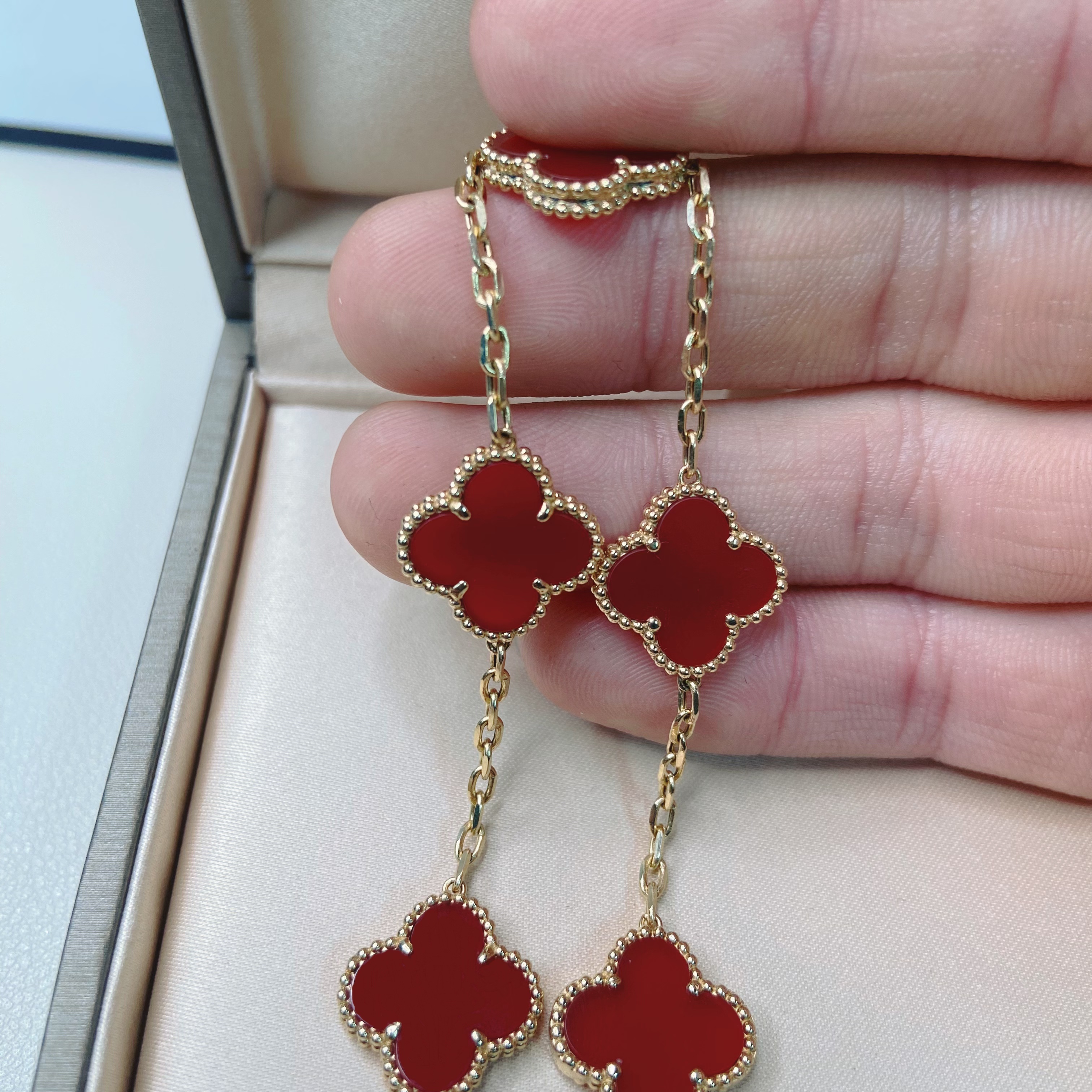 18k金重金版四叶草k黄红玛瑙五花15mm手链时尚百搭气质