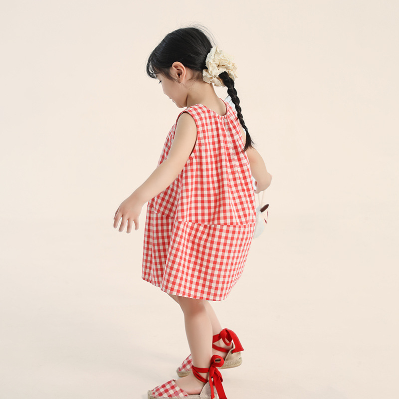 畅果童装女童连衣裙儿童夏装新款中小童韩版裙子女孩格子花苞裙