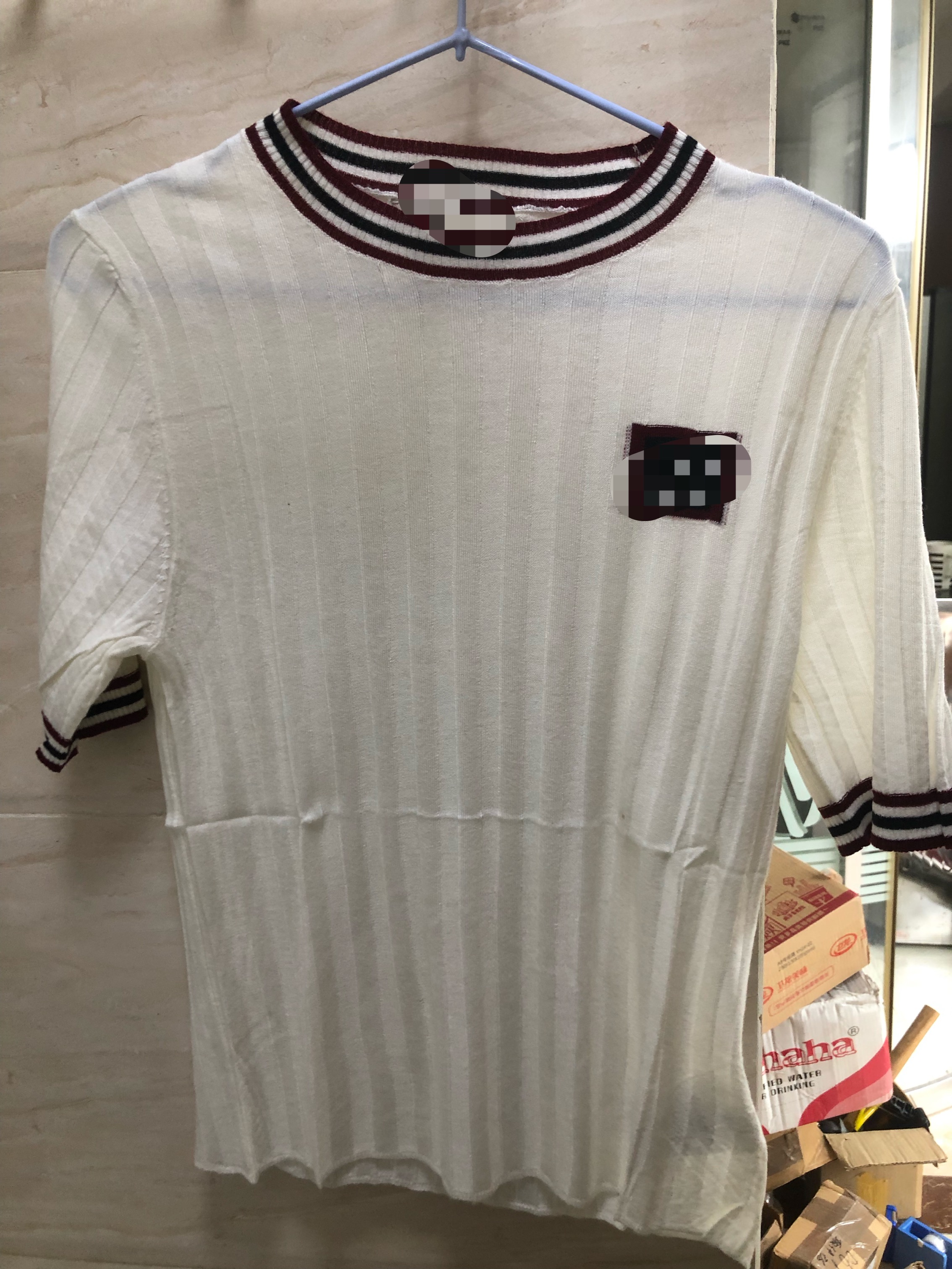 054厚款毛针织衫刺绣毛衣三分袖女套头款上衣简约圆领