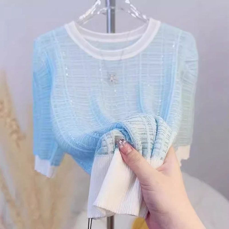 减龄开衫夏季t恤短袖圆领欧货洋气冰丝高级感针织衫薄款时尚小衫