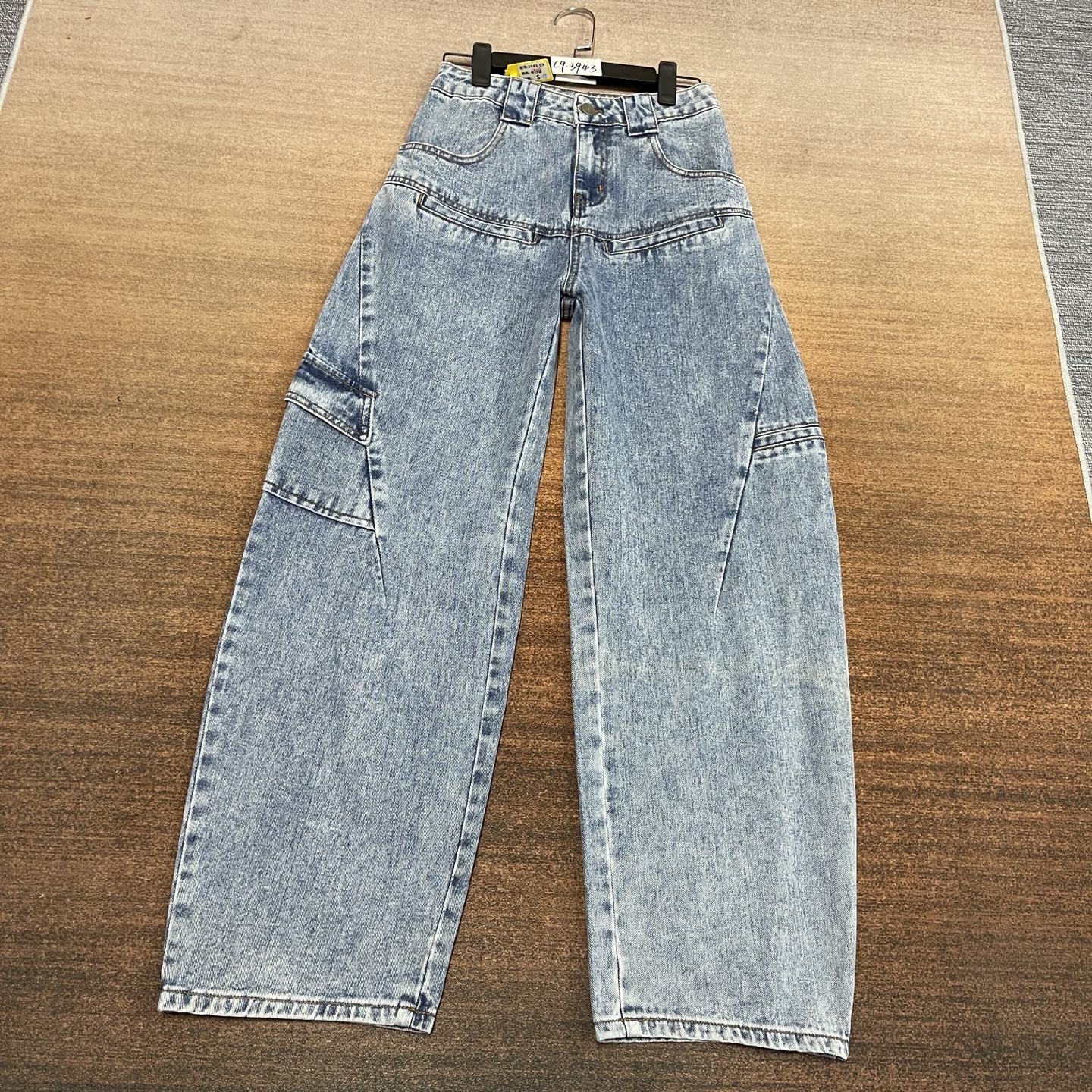 #C9-3943  新款 牛仔蓝男女同款个性弯刀裤 无弹