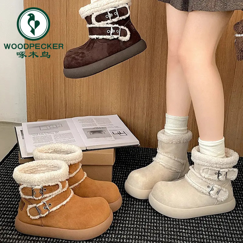啄木鸟白色加绒保暖厚底雪地靴女2025新款冬季加厚毛毛勃肯鞋子