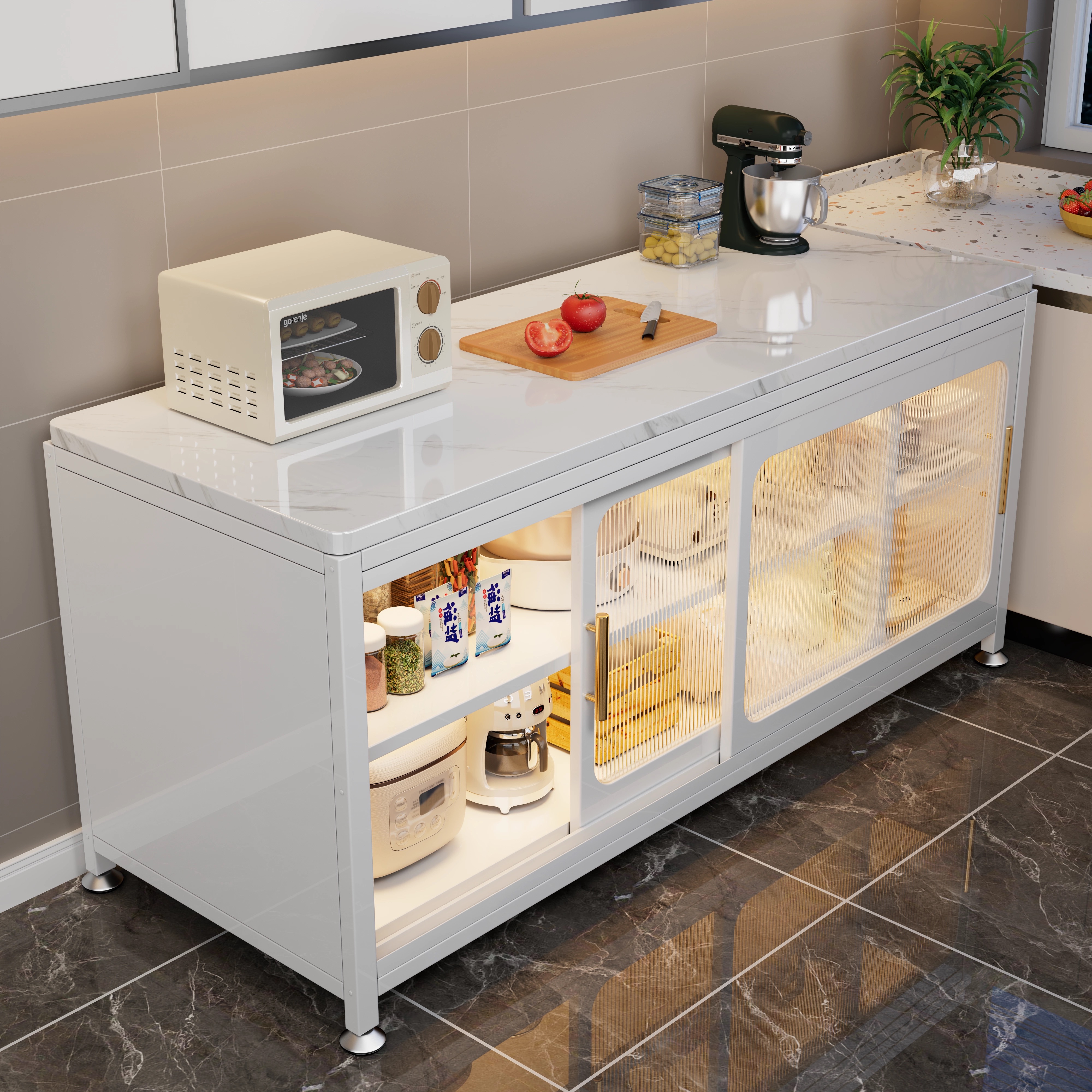 芒达开门岩板厨房置物架落地多层多功能微波炉烤箱切菜收纳餐边