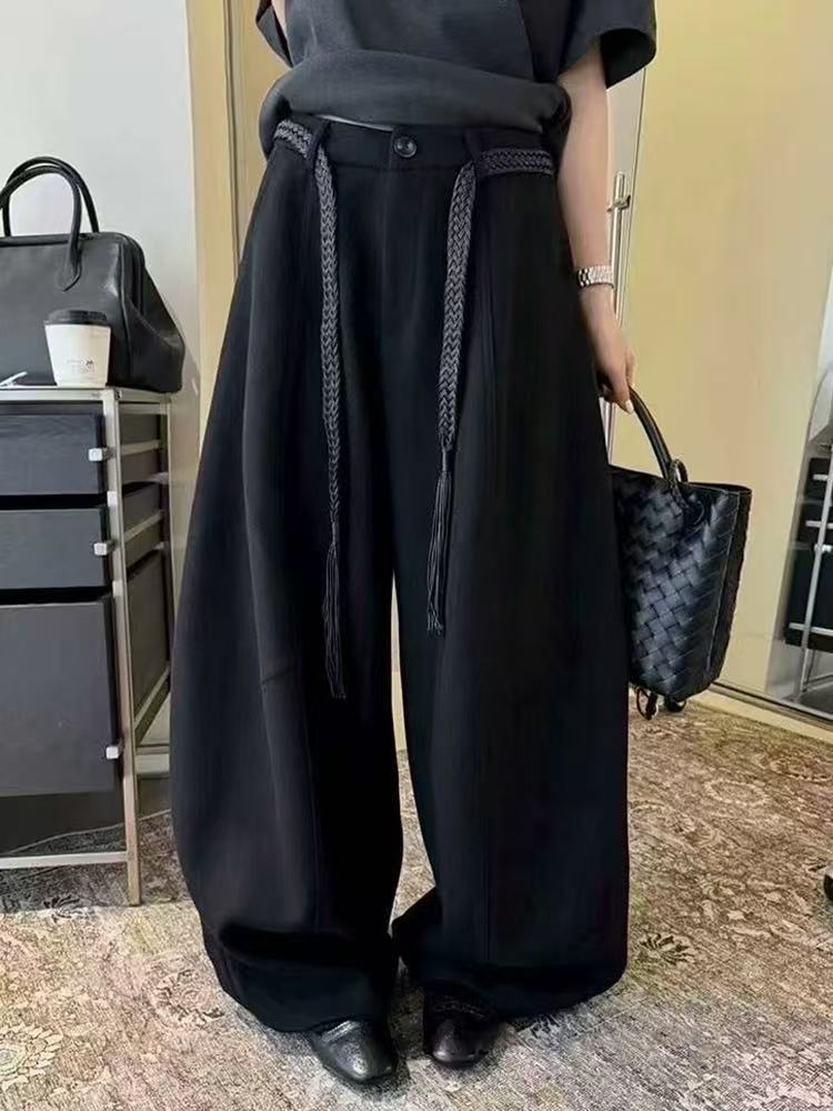 3392025秋季新款配腰带休闲羊毛呢阔腿裤女宽松直筒弯刀拖地长裤