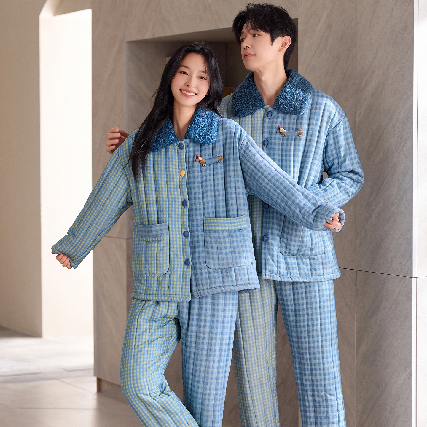 三层夹棉情侣睡衣女冬季长袖格纹可外穿加绒加厚男士家居服套装