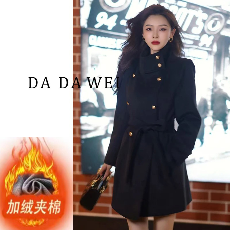 夹棉毛呢大衣女2025秋冬新款韩版时尚宽松腰带收腰时尚加棉风衣