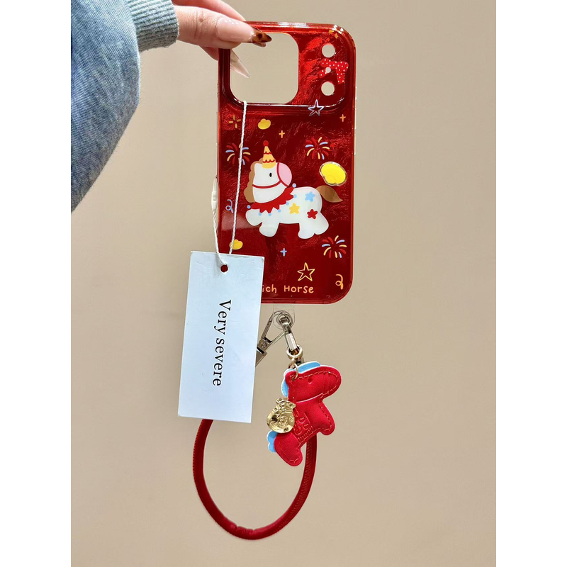 新年红色烟花小马旋转元宝手绳适用苹果17promax手机壳15iphone16