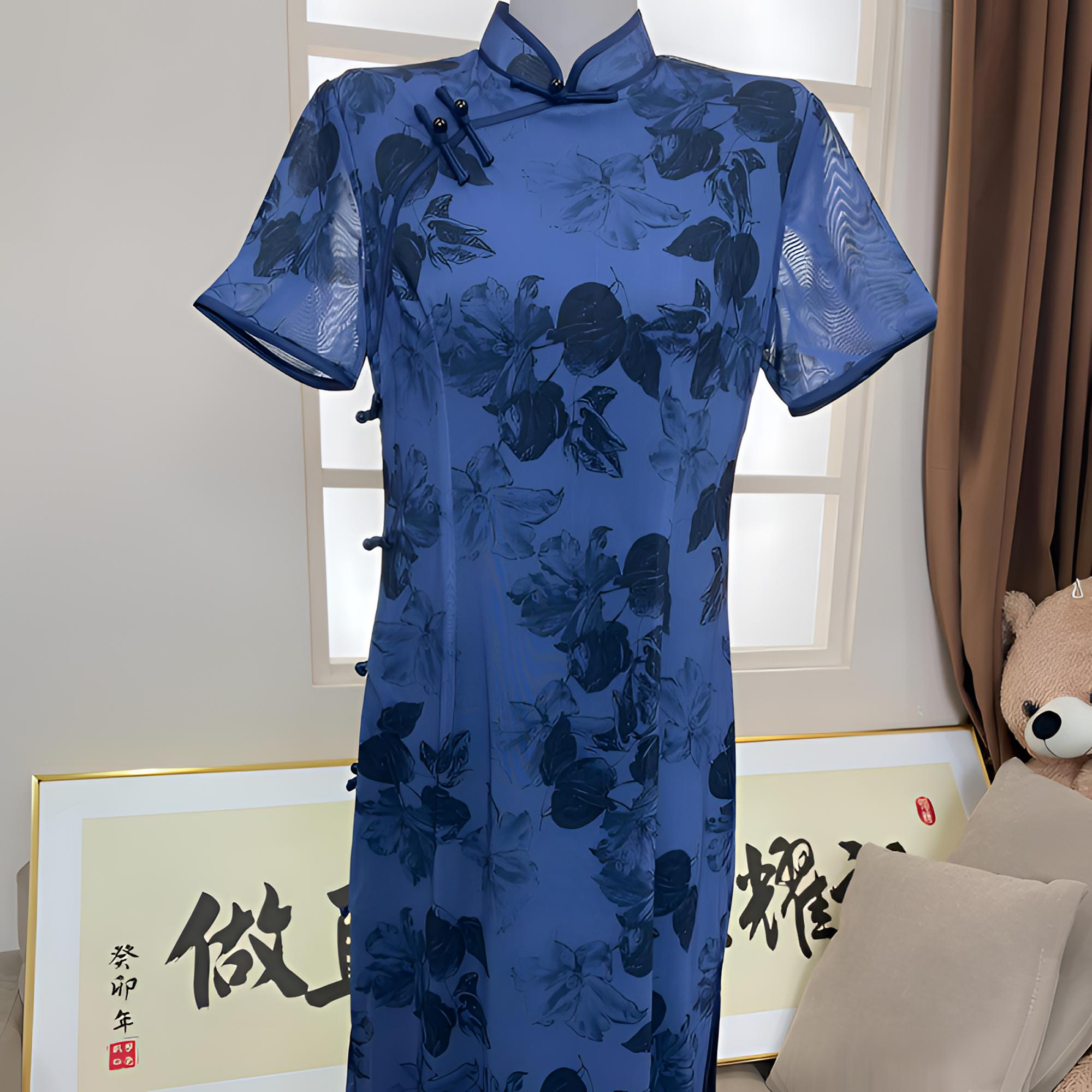 旗袍提花荷叶袖中式夏季高开衩印花女士日常立领重磅中长款