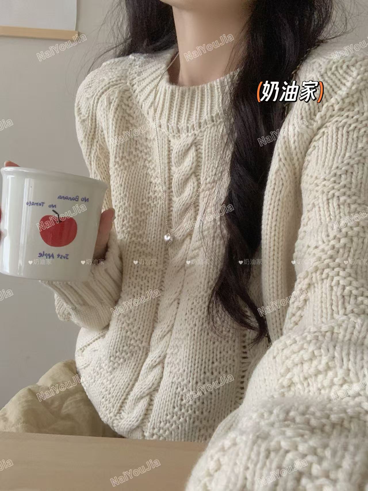 【奶油家】韩版新款麻花圆领设计感慵懒风显瘦长袖针织衫毛衣套头94