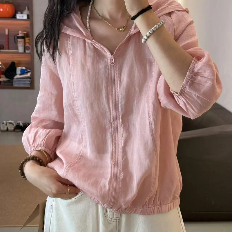 90038-粉色透气连帽短款夏季防晒薄外套