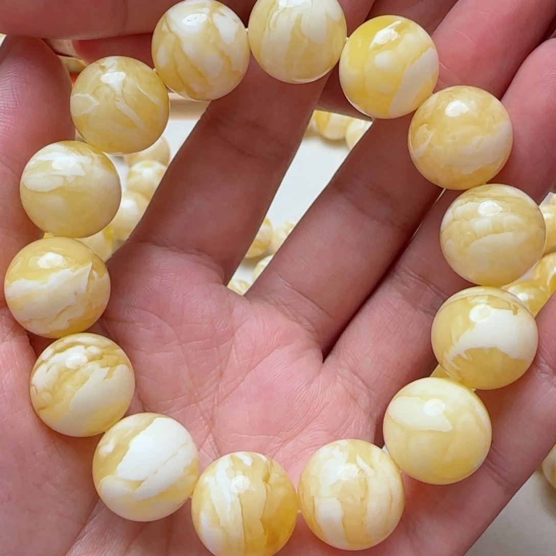 琥珀手链未镶嵌16m同料瓷白妖花圆珠手串