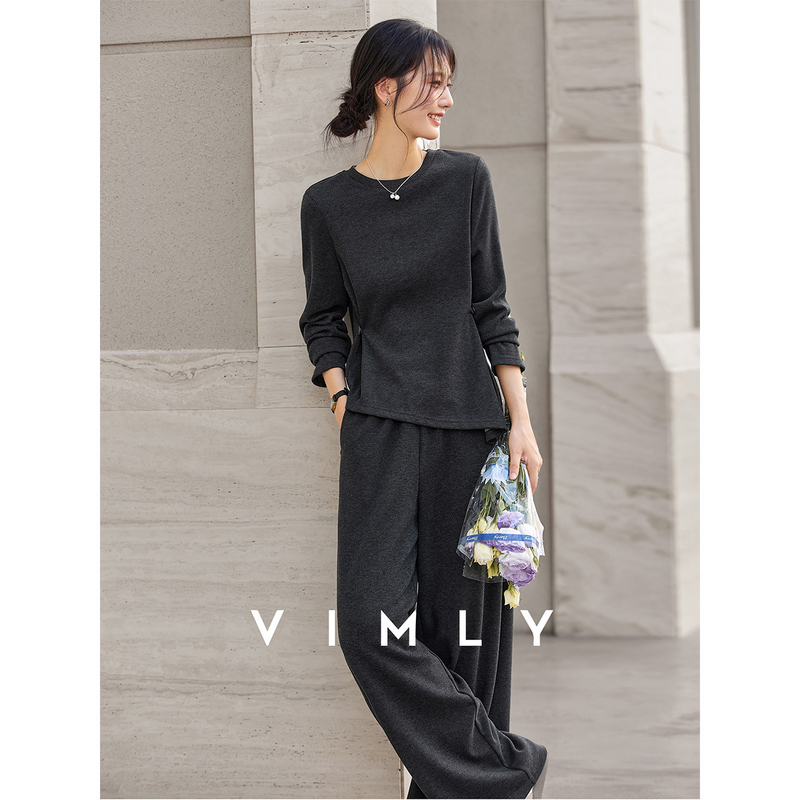 M梵希蔓灰色简约舒适套装女秋圆领设计感上衣阔腿长裤两件套A2576