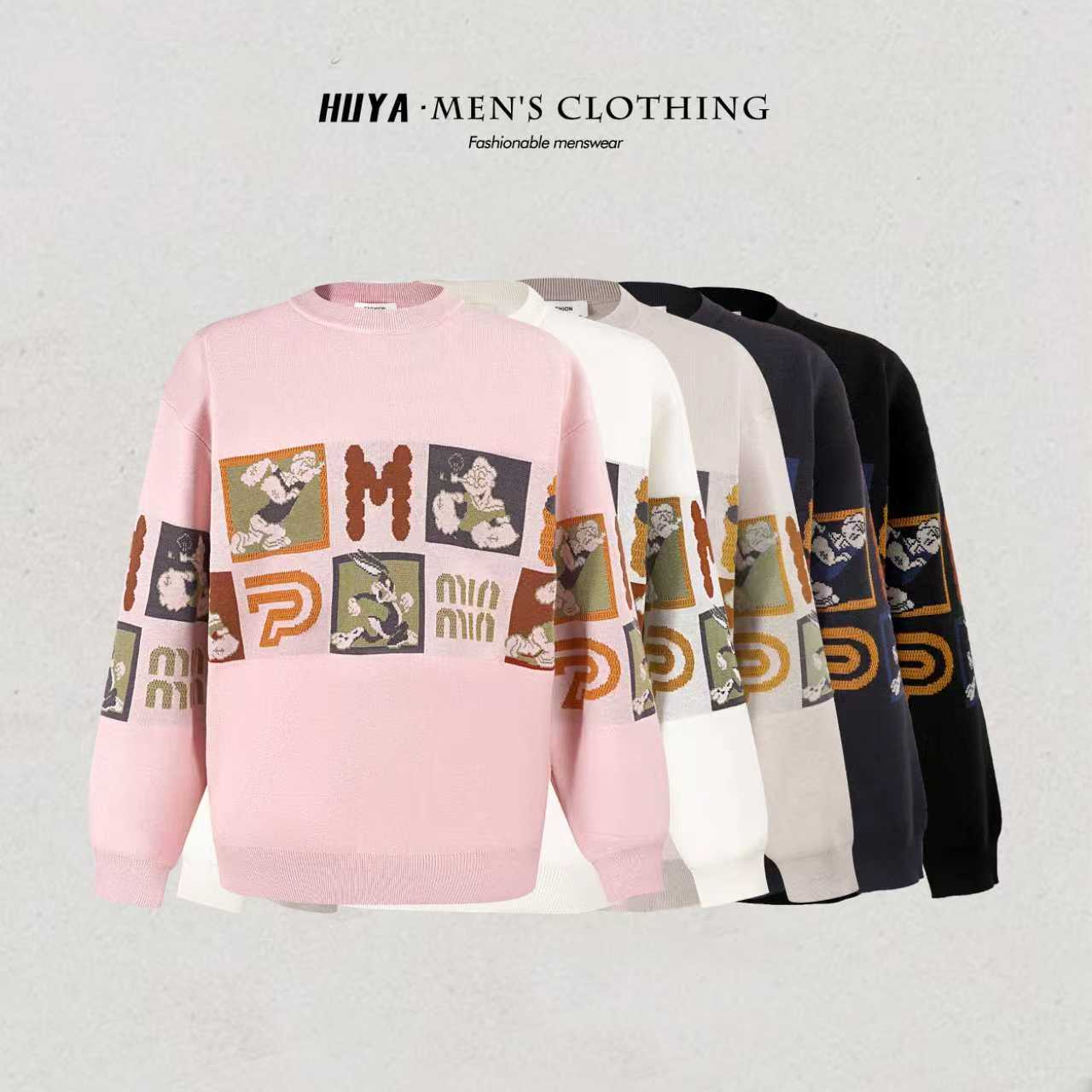 虎牙兄弟秋季卡通大力水手印花字母款情侣百搭休闲针织毛衣男9932