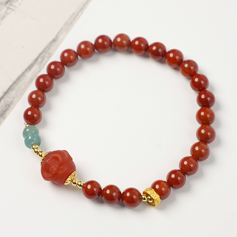 原创设计简约素圈手工单圈红玛瑙小佛公转珠手链-8539