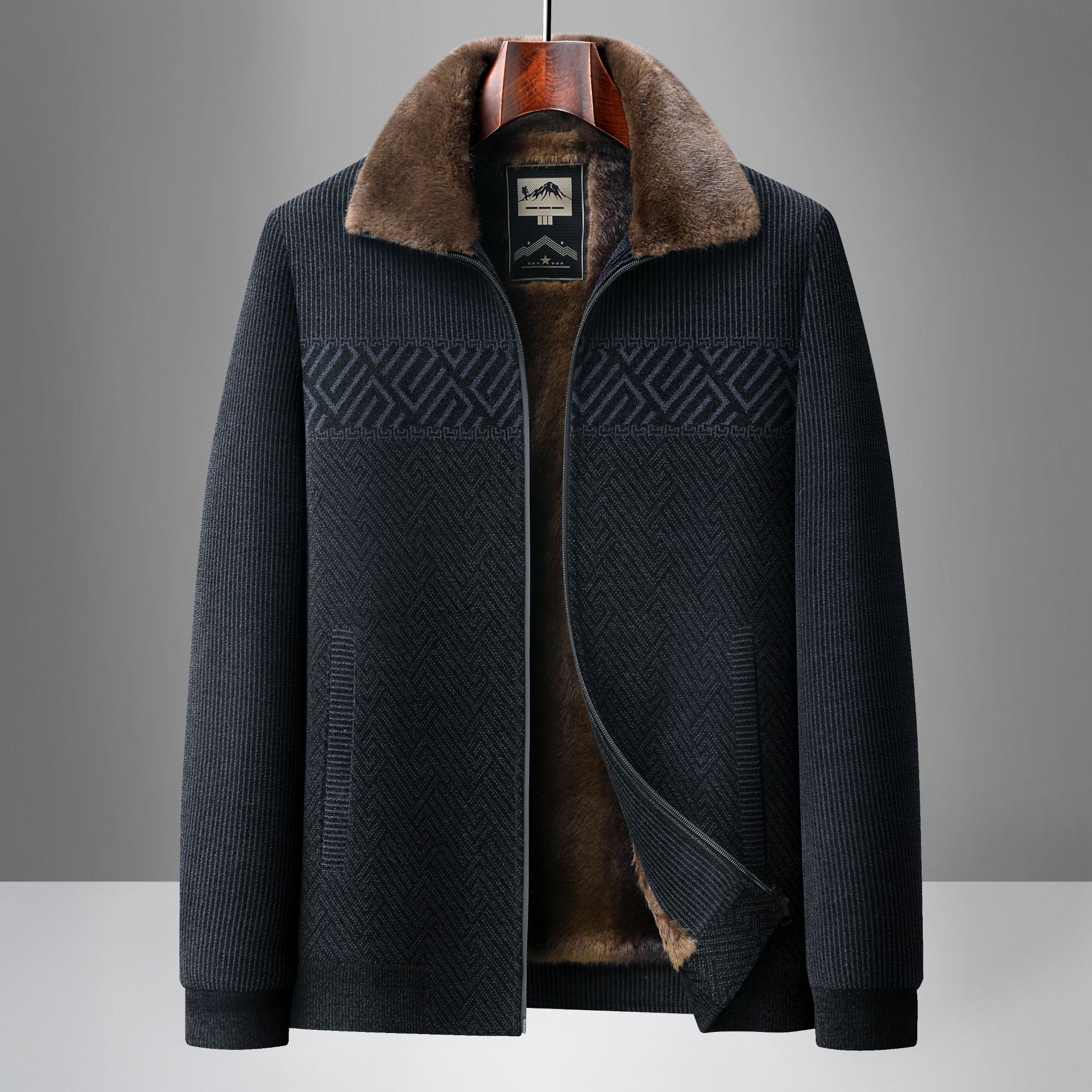 秋冬拼色直销男士翻领夹克外套加绒加厚雪尼尔呢子棉衣中老年男装