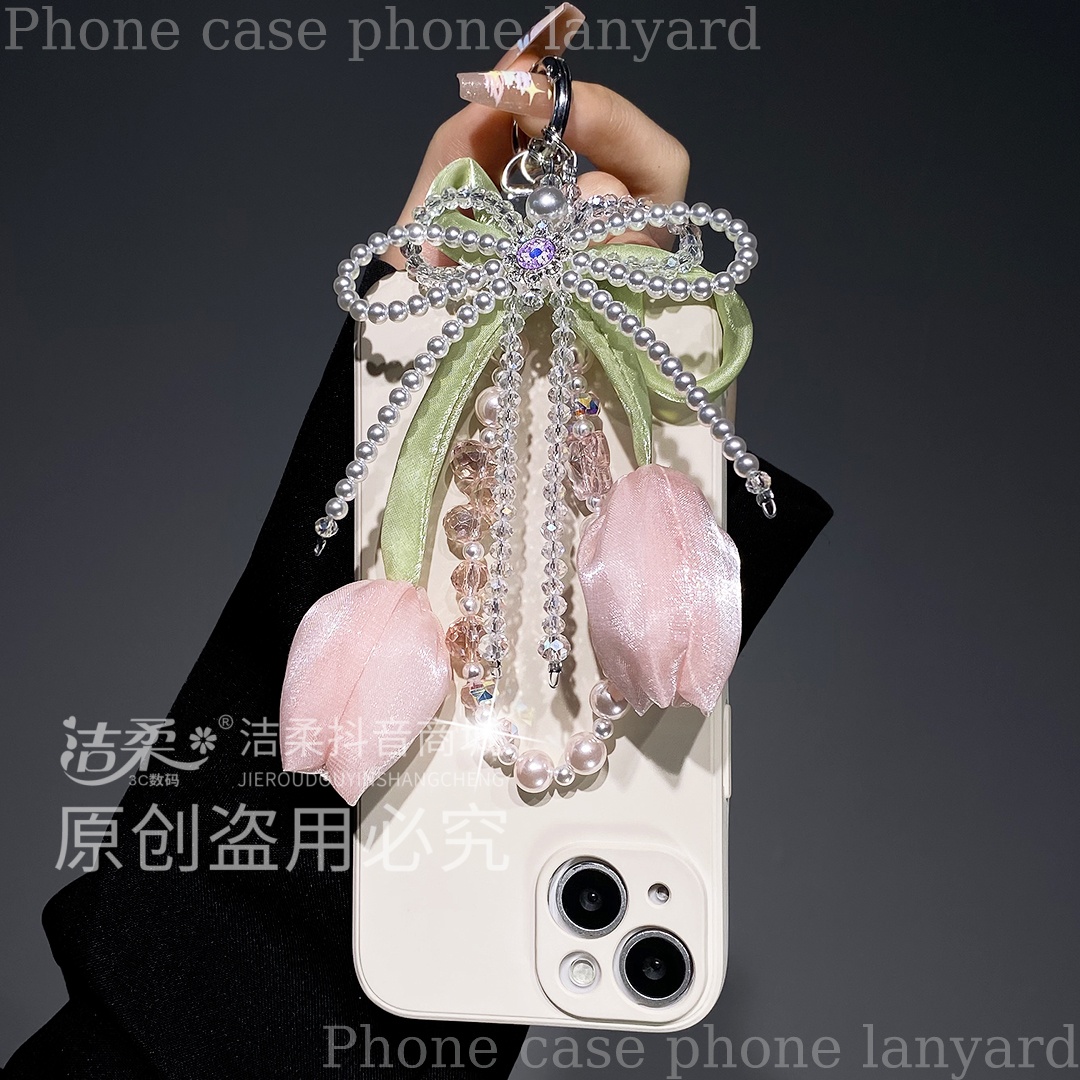 手机挂件蝴蝶结串珠郁金香水晶背包挂饰轻奢小众精致高级女款包挂