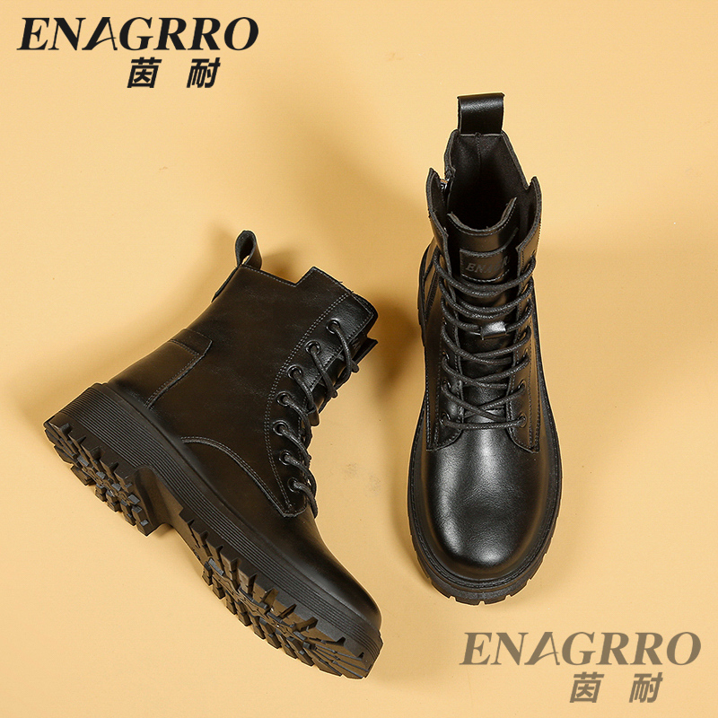 茵耐ENAGRRO马丁靴黑色中筒女靴常规款女秋冬加绒中跟防水D66李悦