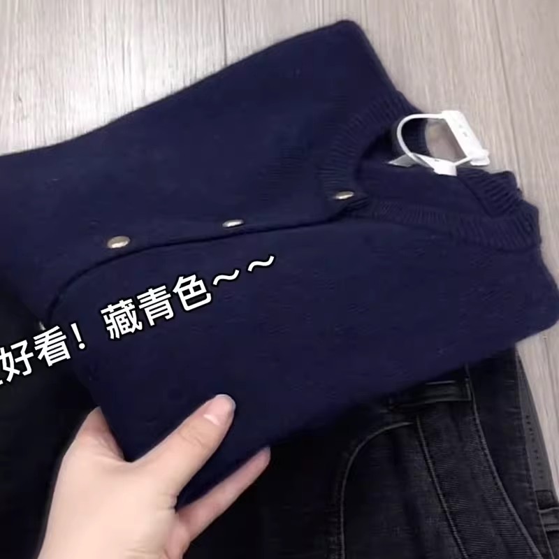 藏青色圆领针织衫女早春2025新款韩系显白洋气小个子慵懒风上衣