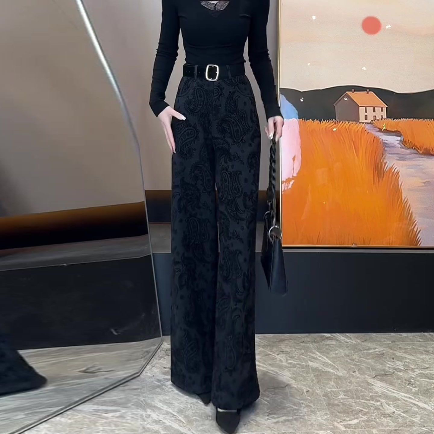 207秋冬新款高腰印花阔腿直筒显瘦休闲女裤