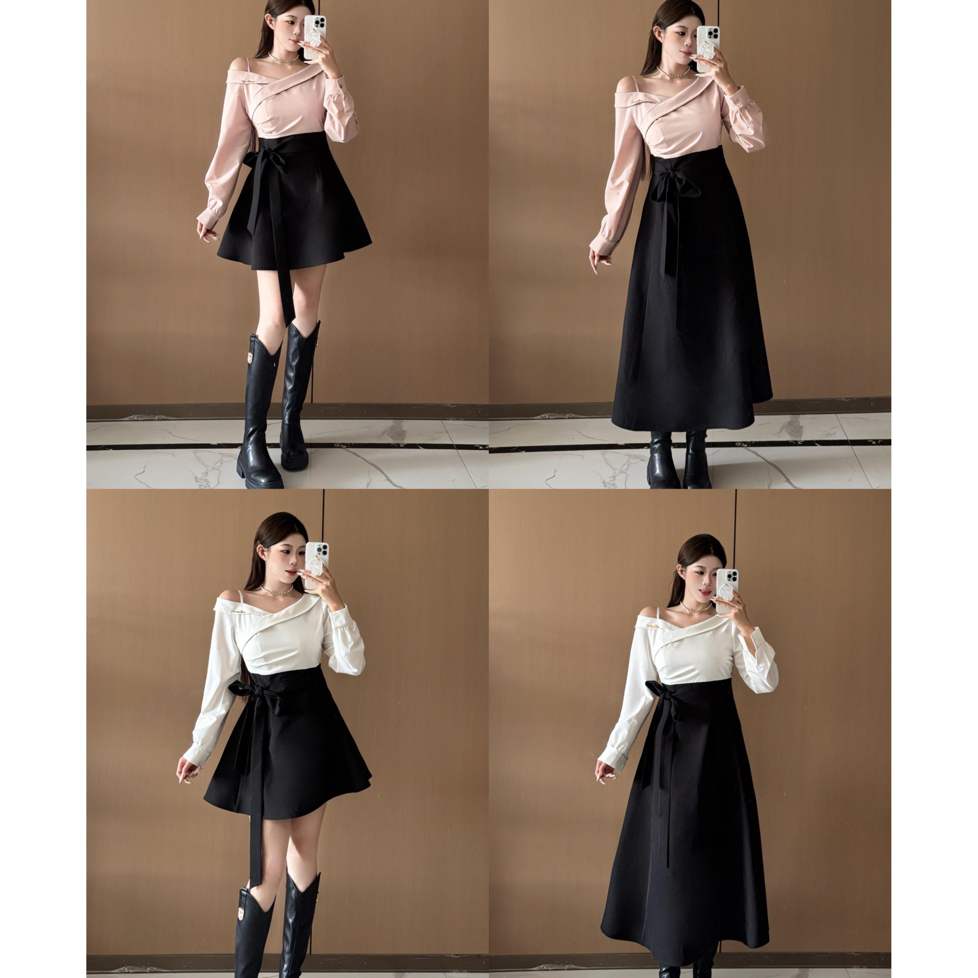 大码女装小众假两件斜肩长袖连衣裙显瘦通勤a字裙子13310