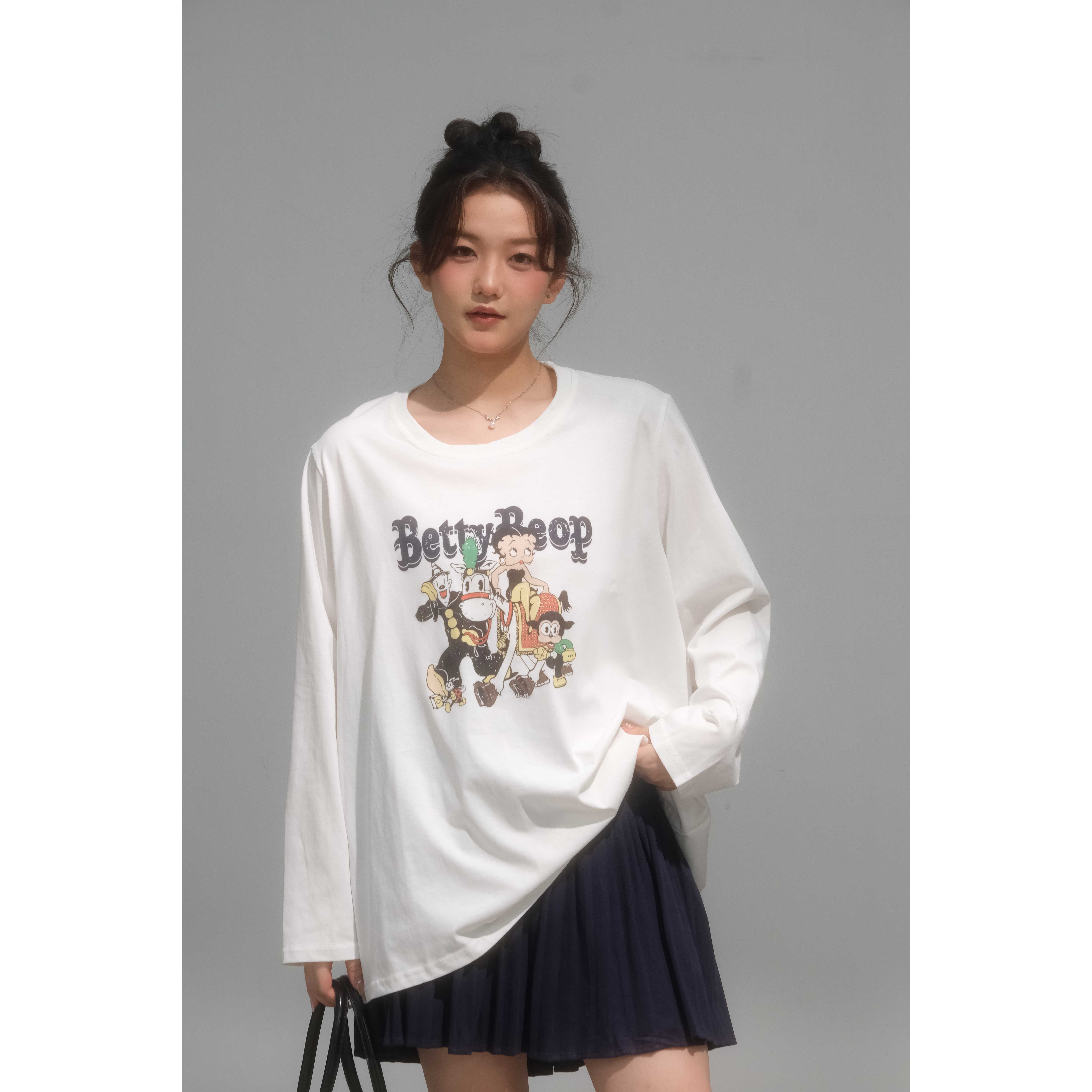 【C】微胖MM时尚百搭圆领宽松印花长袖T 6981