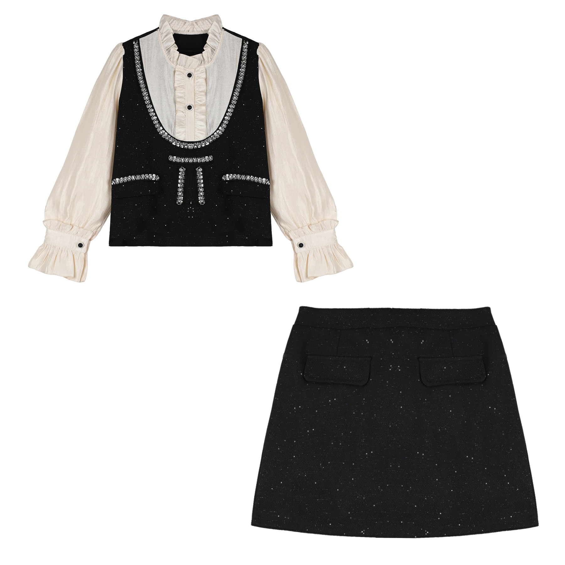 大码秋冬套装女2025秋冬新款法式圆领长袖拼接衬衫套装#TC30005