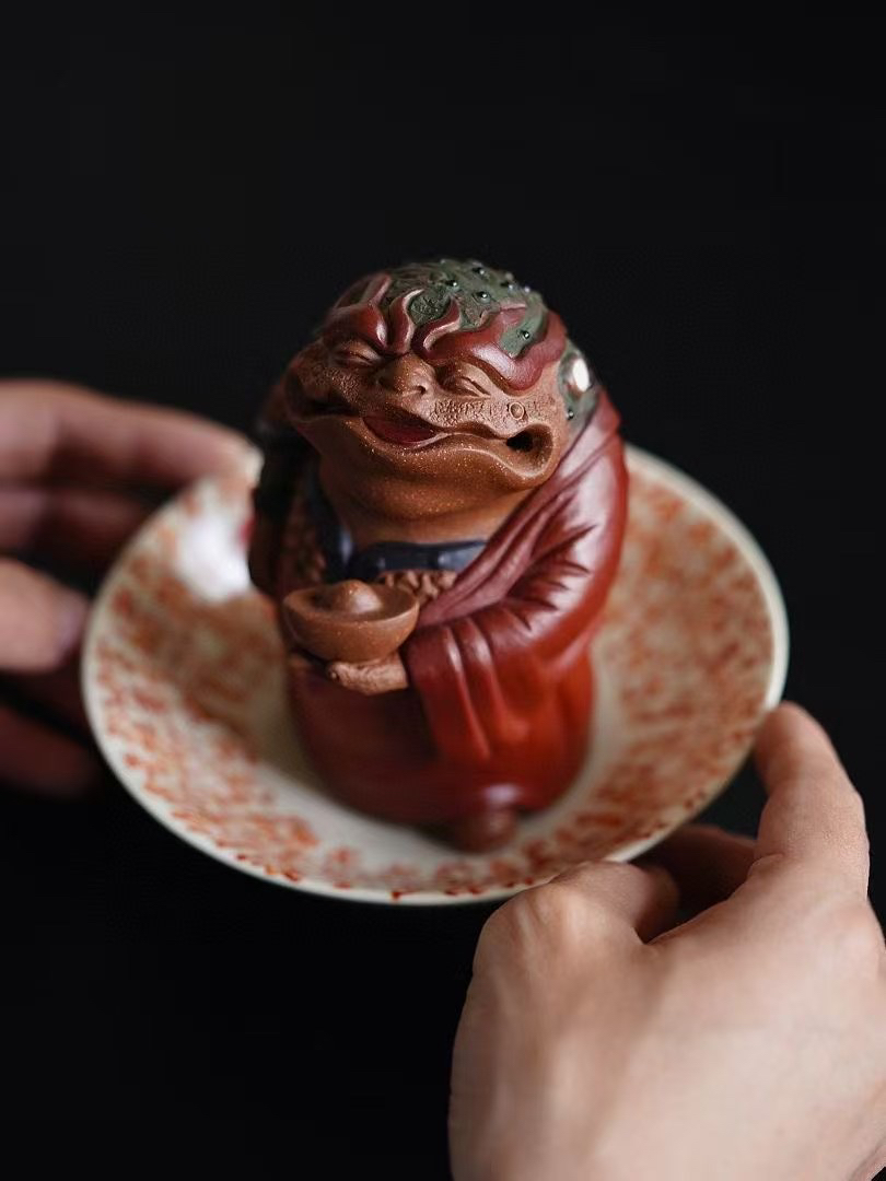 宜兴紫砂茶宠蝉仙可淋可宠奉宝蟾仙段泥粉浆.高12cm