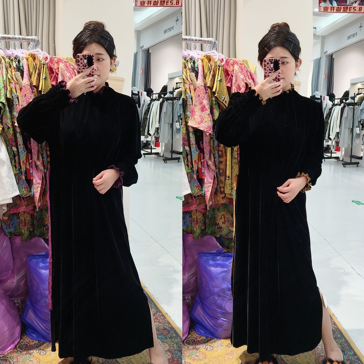 清苍价~深圳305南油高定丝绒连衣裙花苞袖气质显瘦长裙大码连衣裙