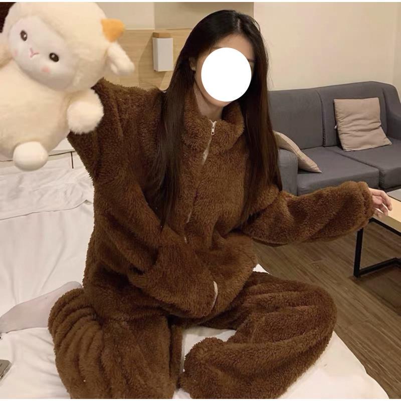 秋冬新款泰迪熊睡衣加绒加厚甜美毛绒高领拉链家居服套装AM129