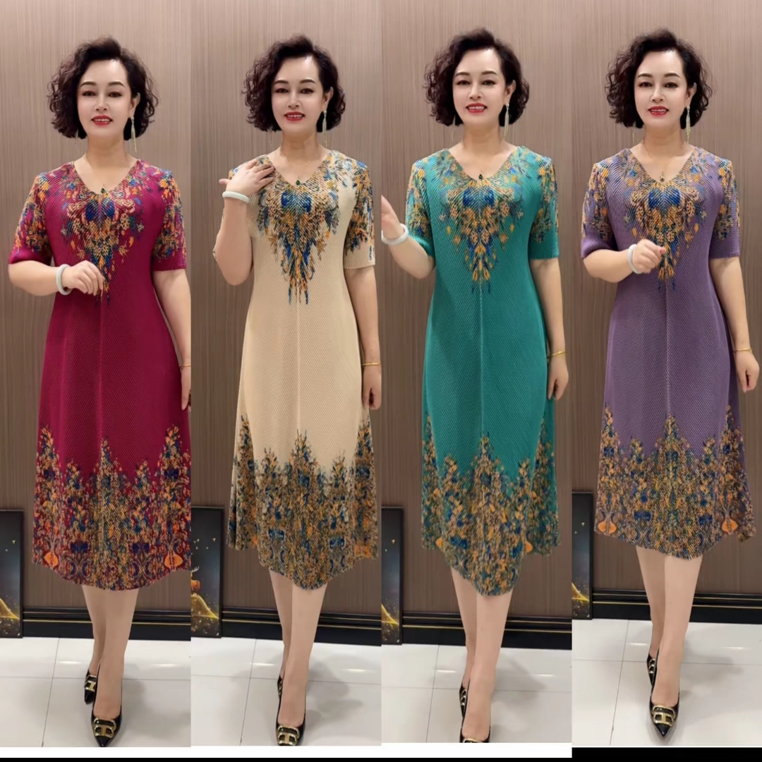 艺术花型大码180斤三宅褶皱连衣裙垂感好显瘦高档大气中老年女装